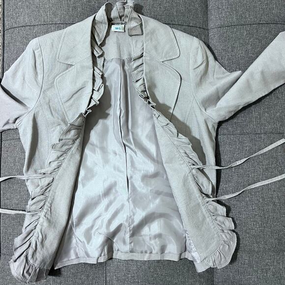 M&S Jacket Women EUR 36 US 4 Gray Blazer Ruffles Tie Closure Linen Cotton Career - Picture 4 of 8